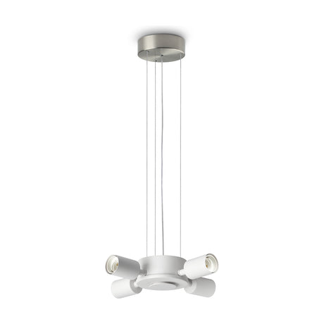 Aethera 4 Light E27 Pendant Light Fitting in nickel, with a round ceiling rose, slim suspension wires and a white central hub holding four cylindrical lamp holders, shown on a plain white background.