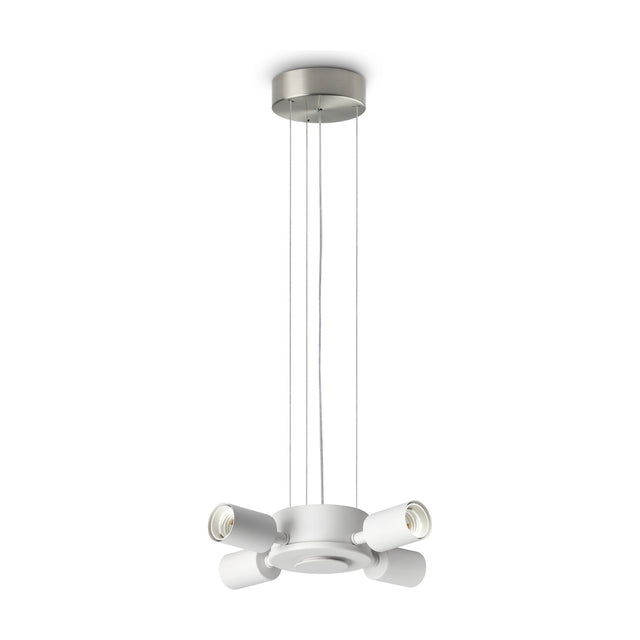 Aethera 4 Light E27 Pendant Light Fitting in nickel, with a round ceiling rose, slim suspension wires and a white central hub holding four cylindrical lamp holders, shown on a plain white background.