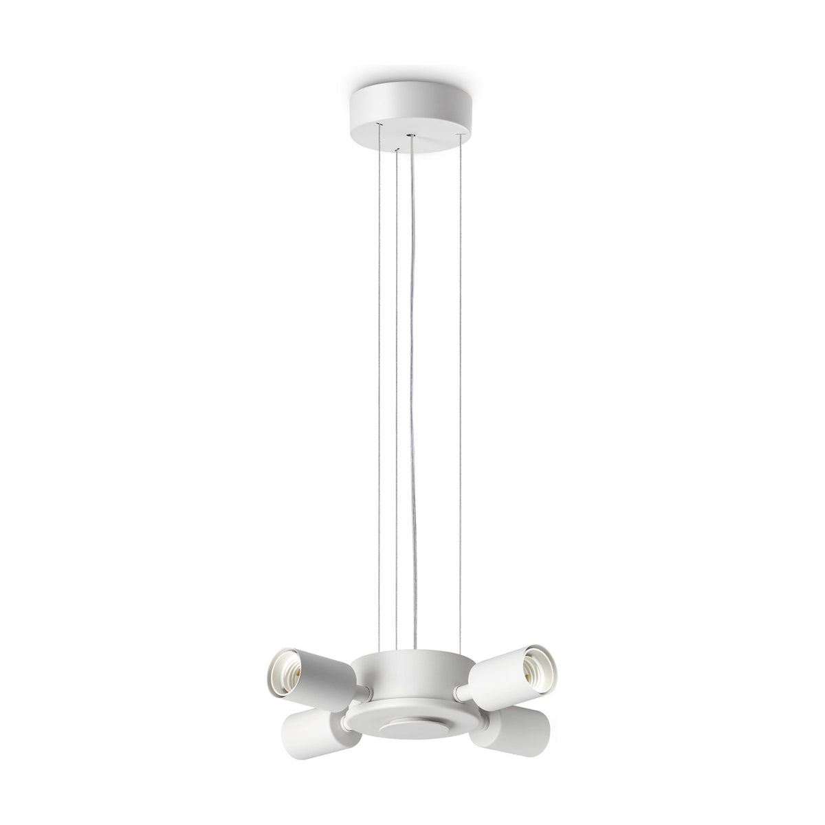 Aethera 4 Light E27 Pendant Light Fitting in white, with a round ceiling rose, four thin suspension cords and a central hub holding four angled E27 lamp holders, shown on a plain white background.