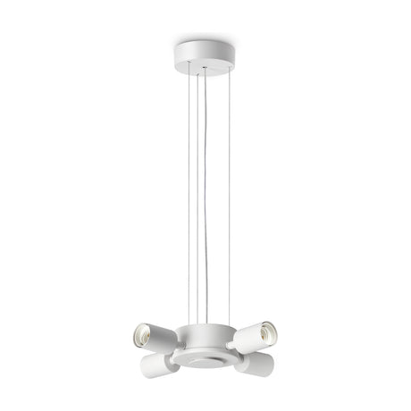 Aethera 4 Light E27 Pendant Light Fitting in white, with a round ceiling rose, four thin suspension cords and a central hub holding four angled E27 lamp holders, shown on a plain white background.