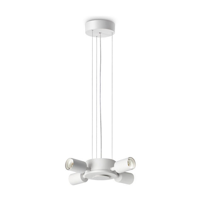 Aethera 4 Light E27 Pendant Light Fitting in white, with a round ceiling rose, four thin suspension cords and a central hub holding four angled E27 lamp holders, shown on a plain white background.