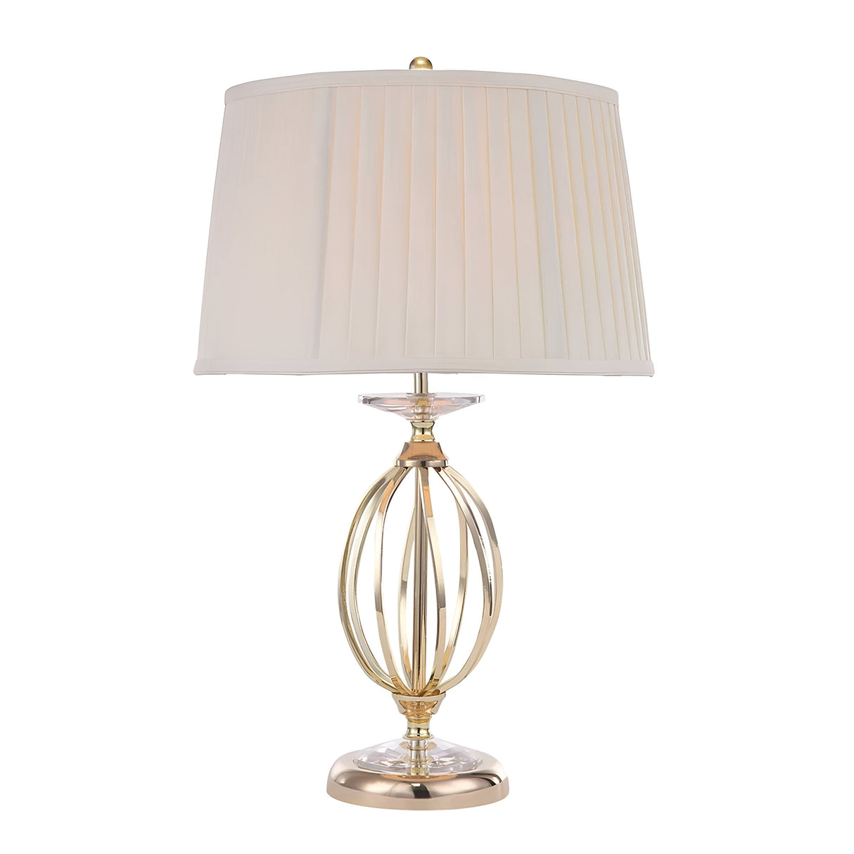 The Aegean Table Lamp - Polished Brass features an open, spherical base in polished brass with a round, white pleated lampshade. Its brushed finish enhances its modern elegance.