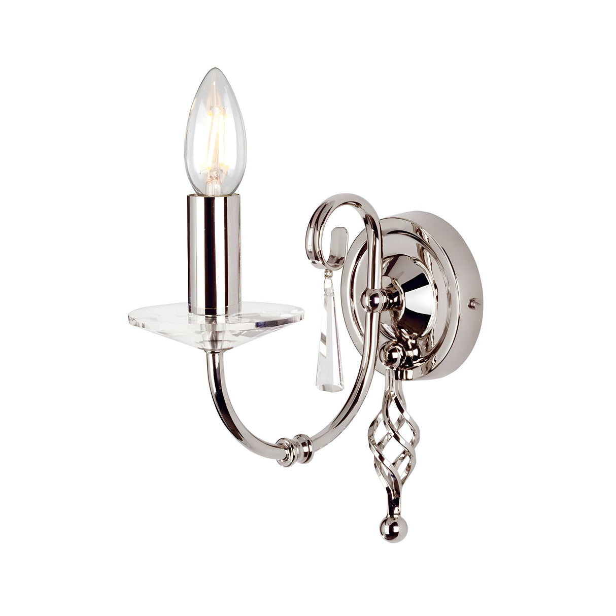 The Aegean Wall Light in polished nickel is a contemporary wall-mounted sconce with a single, upward-facing bulb styled like a candle. It boasts decorative crystal-like accents and elegantly curved metalwork, capturing the essence of modern sophistication.