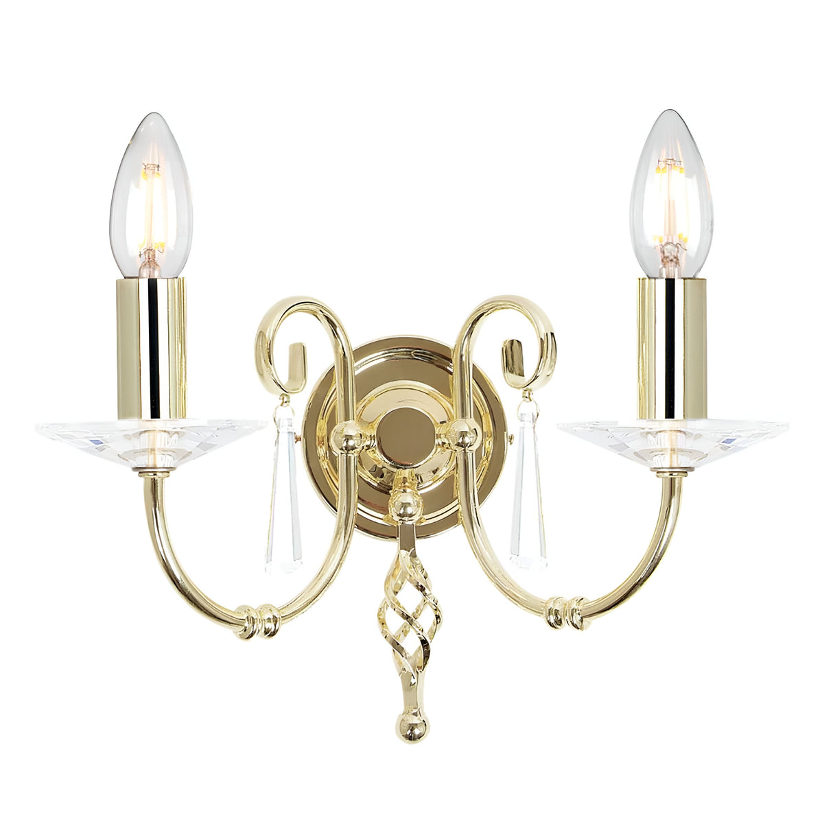 The Aegean 2 Light Wall Light in polished brass showcases a luxurious design with two elegantly curved arms, each supporting a candle-shaped bulb and embellished with cut-glass droplets and crystal accents. Its decorative central plate completes the look, perfectly blending elegance with traditional style.