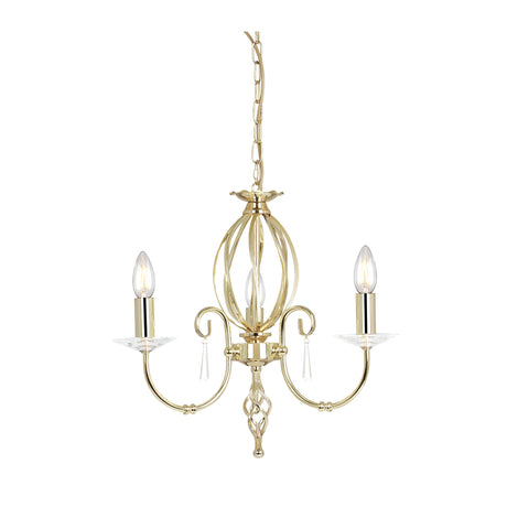 This luxury lighting piece, the Aegean 3 Light Chandelier - Polished Brass, showcases a polished brass finish with two candle-shaped bulbs and elegantly curved arms. Suspended from a chain, it features cut-glass droplets and a central cage-like structure adorned with exquisite decorative accents.