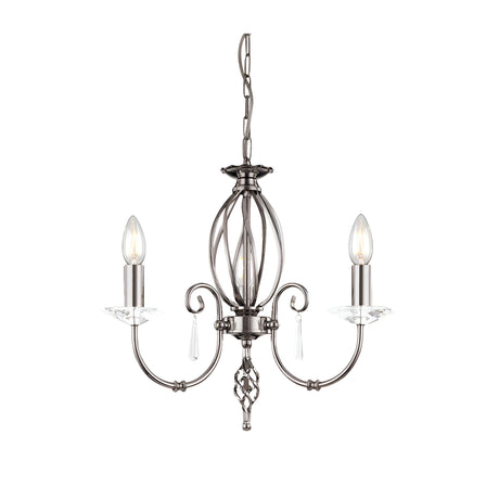 The Aegean 3 Light Chandelier - Polished Nickel features a polished nickel finish with an ornate, spherical cage design and two curved arms holding candle-like fixtures. Crystal accents dangle beneath each of its three lights, making it an ideal modern light fixture for any sophisticated space.