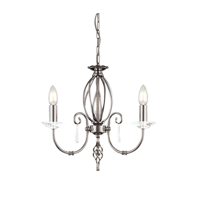 The Aegean 3 Light Chandelier - Polished Nickel features a polished nickel finish with an ornate, spherical cage design and two curved arms holding candle-like fixtures. Crystal accents dangle beneath each of its three lights, making it an ideal modern light fixture for any sophisticated space.