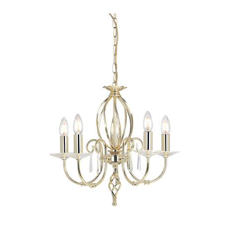 The Aegean 5 Light Chandelier in polished brass is a handcrafted gold fixture with an ornate design that boasts five candle-style lights. Each light is elegantly mounted on curved arms, adorned with crystal pendants and clear bulbs, all suspended from a decorative chain, adding elegance to any space.