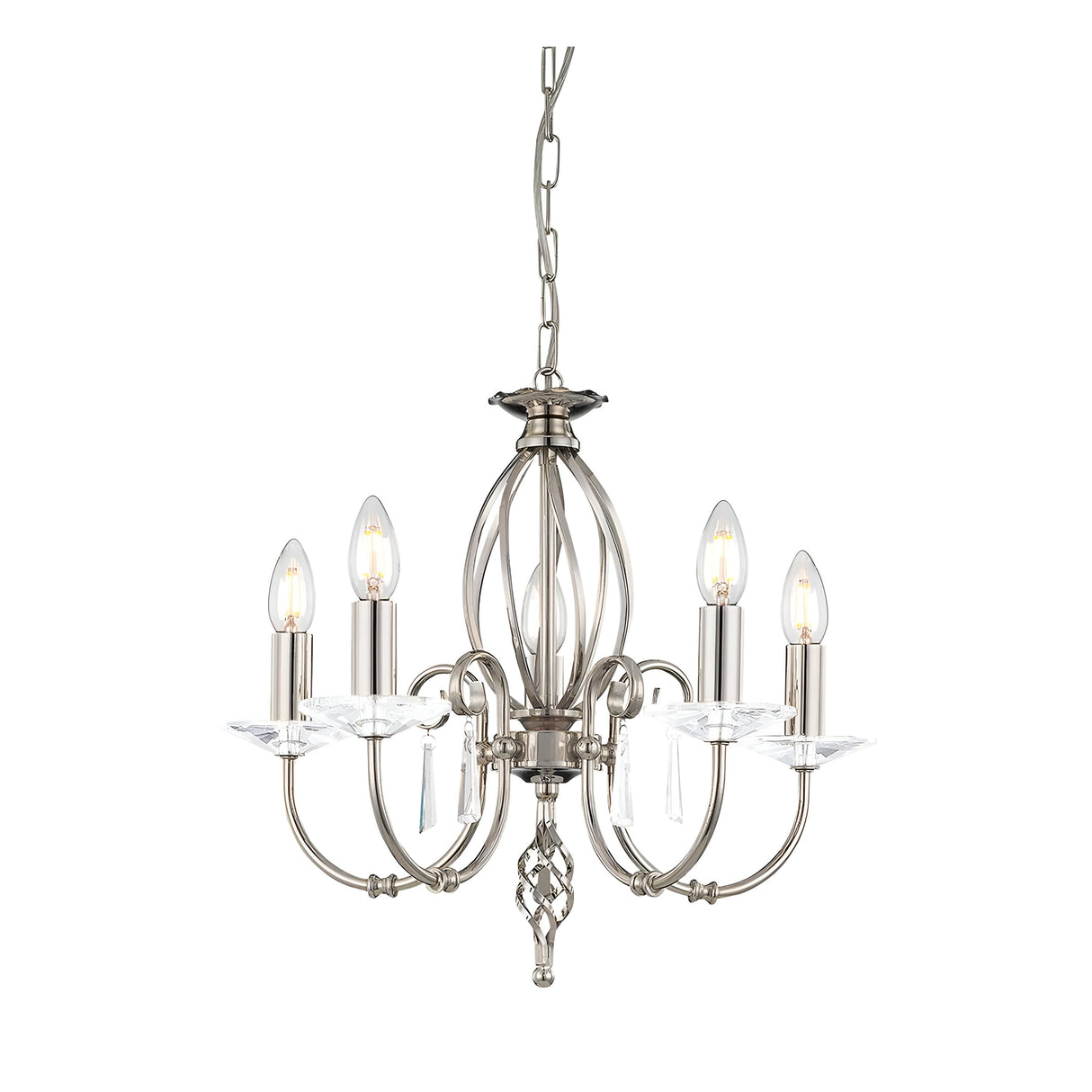 The Aegean 5 Light Chandelier in Polished Nickel features a chain-suspended design with a frame of hand-forged scrolls, curved arms, and candle-style bulbs. Decorative crystal accents complete the look, adding an elegant touch.