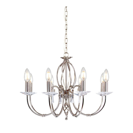 The Aegean 8 Light Chandelier - Polished Nickel features a polished silver finish and eight candle-shaped bulbs, each beautifully affixed to a gracefully curved arm. Hanging from a linked chain, this contemporary chandelier enhances any space with its sophisticated polished nickel charm.