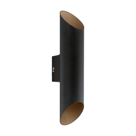 Agolada LED outdoor wall light, a slim black steel tube with angled copper-interior ends and central wall mounting bracket, shown on a plain white background.