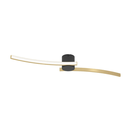 Aieta LED flush ceiling light with a round black canopy and two curved arms, one holding a white diffuser and the other in brushed brass, steel and plastic finish, shown on a plain white background.