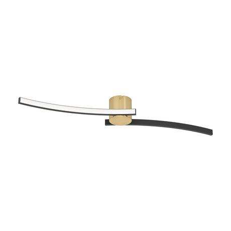 Aieta LED flush ceiling light with a brushed brass cylindrical canopy and two slim curved arms, one with a white LED diffuser and one in matte black, shown on a plain white background.