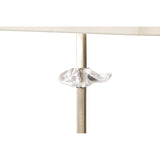 Close-up of the Akira 3 Light Floor Lamp in antique brass, featuring a metal rod with a clear, sculpted glass accent just below the surface, elegantly supporting its cream shade.