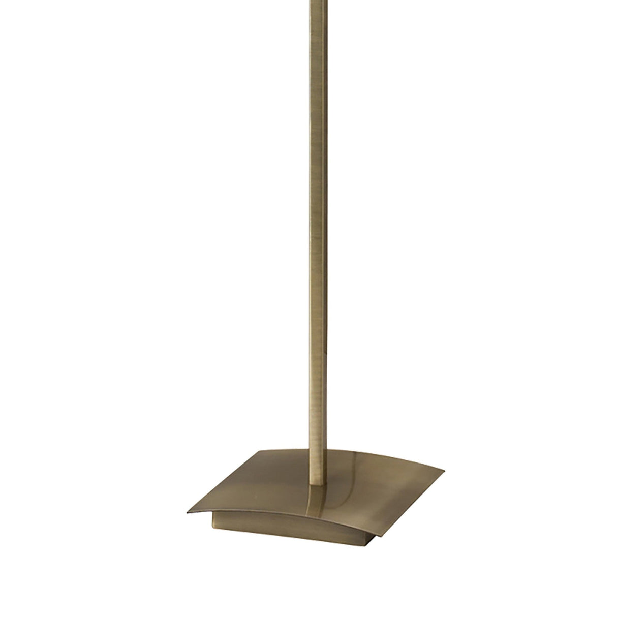 A close-up of the Akira 3 Light Floor Lamp, featuring an antique brass finish with a rectangular curved base and paired with a sleek black fabric shade.