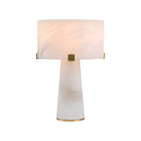 The Virello 3 Light Medium Compact Alabaster Table Lamp in Soft White features a cylindrical base and matching drum shade with gold accents and holding clips, adding a sleek, modern touch to any space.