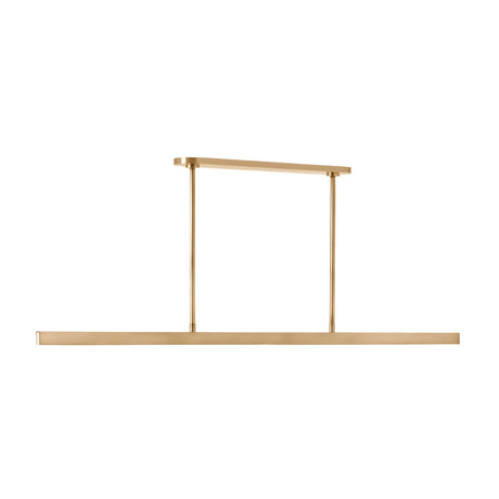 The Elvaris LED Linear Alabaster Suspension Light in brushed brass and soft white features a minimalist rectangular frame, suspended by two vertical rods from a matching ceiling mount—ideal for any modern, contemporary space.