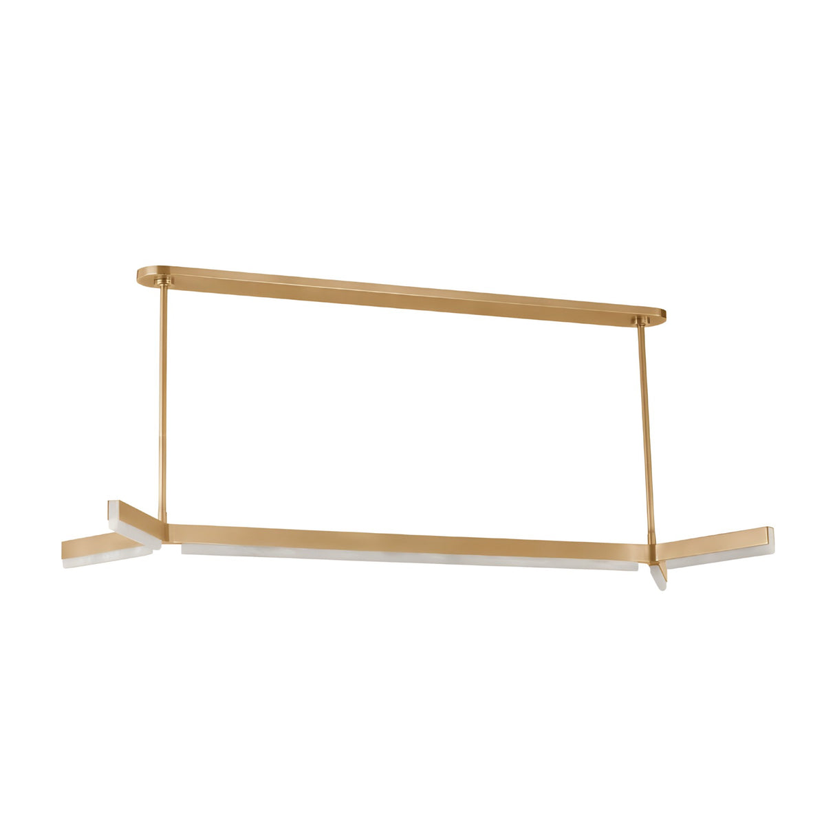 The Elvaris LED Alabaster Suspension Light in brushed brass features a geometric rectangular frame with angled bars and soft white accents, offering modern, clean lines and no visible bulbs for a sleek, minimalist look.