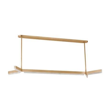 The Elvaris LED Alabaster Suspension Light in brushed brass features a geometric rectangular frame with angled bars and soft white accents, offering modern, clean lines and no visible bulbs for a sleek, minimalist look.