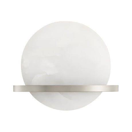 The Caldris LED Circular Alabaster Wall Light in satin nickel and soft white features a round, translucent design with a slim horizontal band, adding modern elegance to any space.