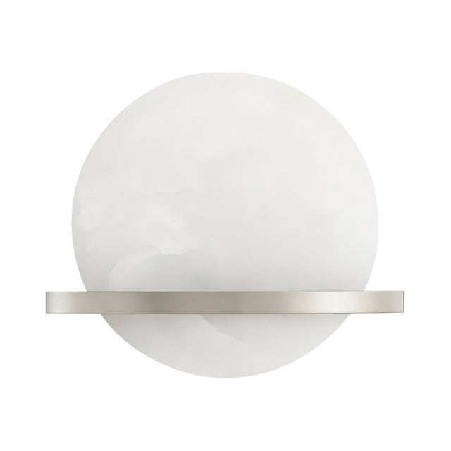 The Caldris LED Circular Alabaster Wall Light in satin nickel and soft white features a round, translucent design with a slim horizontal band, adding modern elegance to any space.