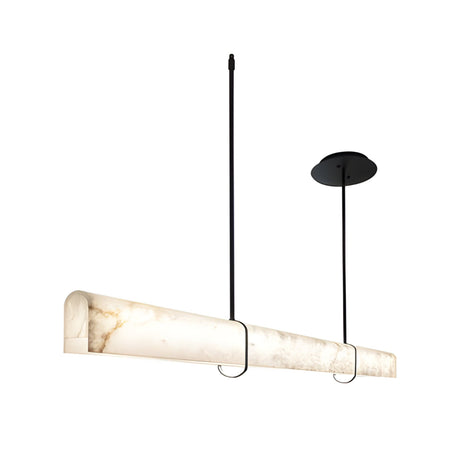 The Zarune LED Linear Drop Alabaster Suspension Light in matte black and soft white features a sleek, cylindrical alabaster shade and dual rods—perfect as modern dining table lighting.