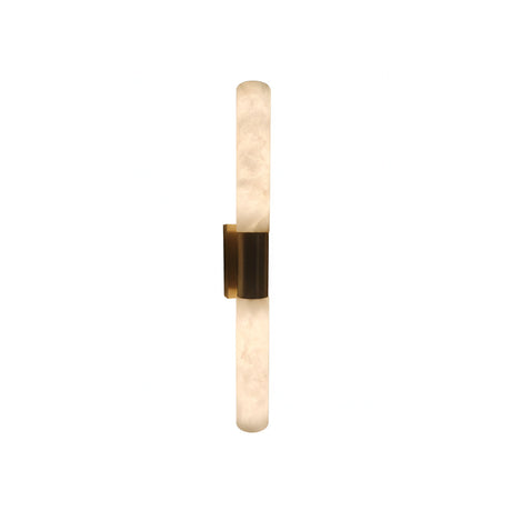 The Eryon LED Small Alabaster Wall Light features two vertically stacked soft white cylinders joined by a brushed brass bracket, creating a sleek, contemporary accent for your space.