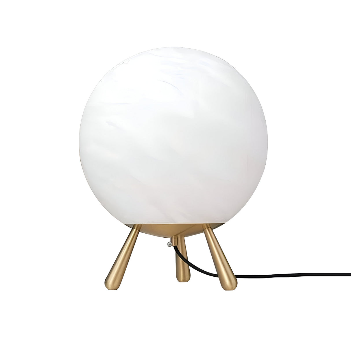 The Orlena Small Globe Alabaster Table Lamp in Brass & Soft White features a round white frosted glass shade resting on three angled brass legs, with a black power cord extending from the base.