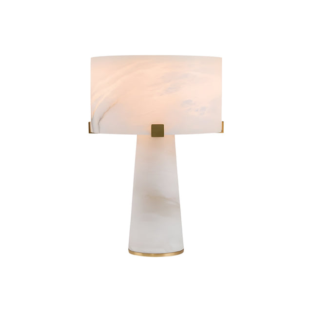 The Virello 2 Light Small Compact Alabaster Table Lamp in soft white features a smooth alabaster base with subtle marbling, gold-toned accents, and a round shade—ideal for adding ambient lighting to any room.