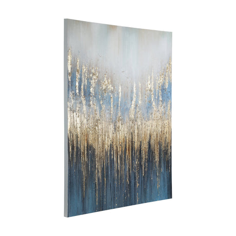 Alaminos Wall Art 90 x 120cm, a textured abstract canvas in portrait format with pale blue and white tones, gold vertical streaks through the centre, and a deep navy base.