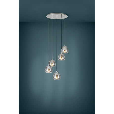 Albarino Smoked Glass 5 Light Pendant in chrome, five rounded smoked glass shades cascading at varying heights from a round ceiling plate, shown against a dark teal wall.