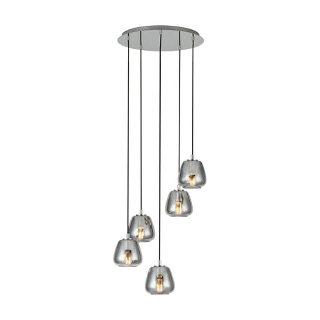 Albarino Smoked Glass 5 Light Pendant in chrome, five rounded smoked glass shades cascading at varying heights from a round chrome ceiling plate on a white background.