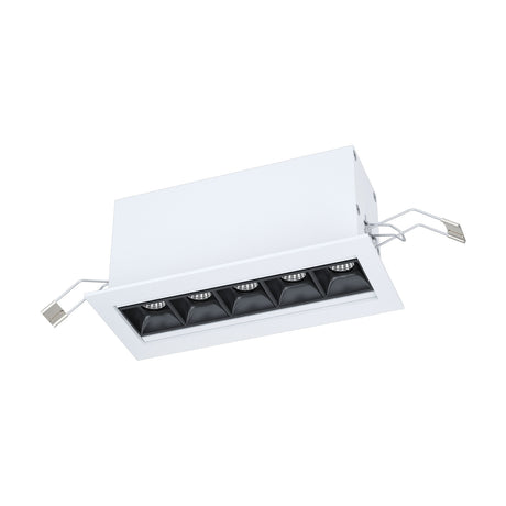 Albavilla Recessed LED Profile in white aluminium, a rectangular downlight with five black square cells housing integrated LEDs, shown with mounting clips on a plain white background.