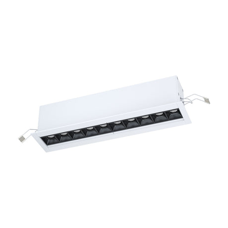 Albavilla Recessed LED Profile in white aluminium, a slim rectangular fitting with a row of small black-louvred LED cells and mounting clips, shown on a plain white background.