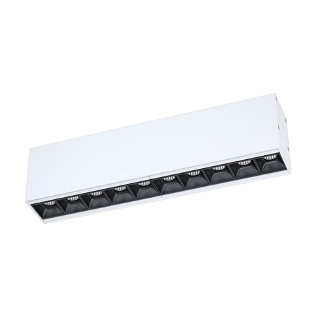 Albavilla surface mounted LED profile in white aluminium, rectangular body with a row of recessed black louvred cells, shown on a plain white background.