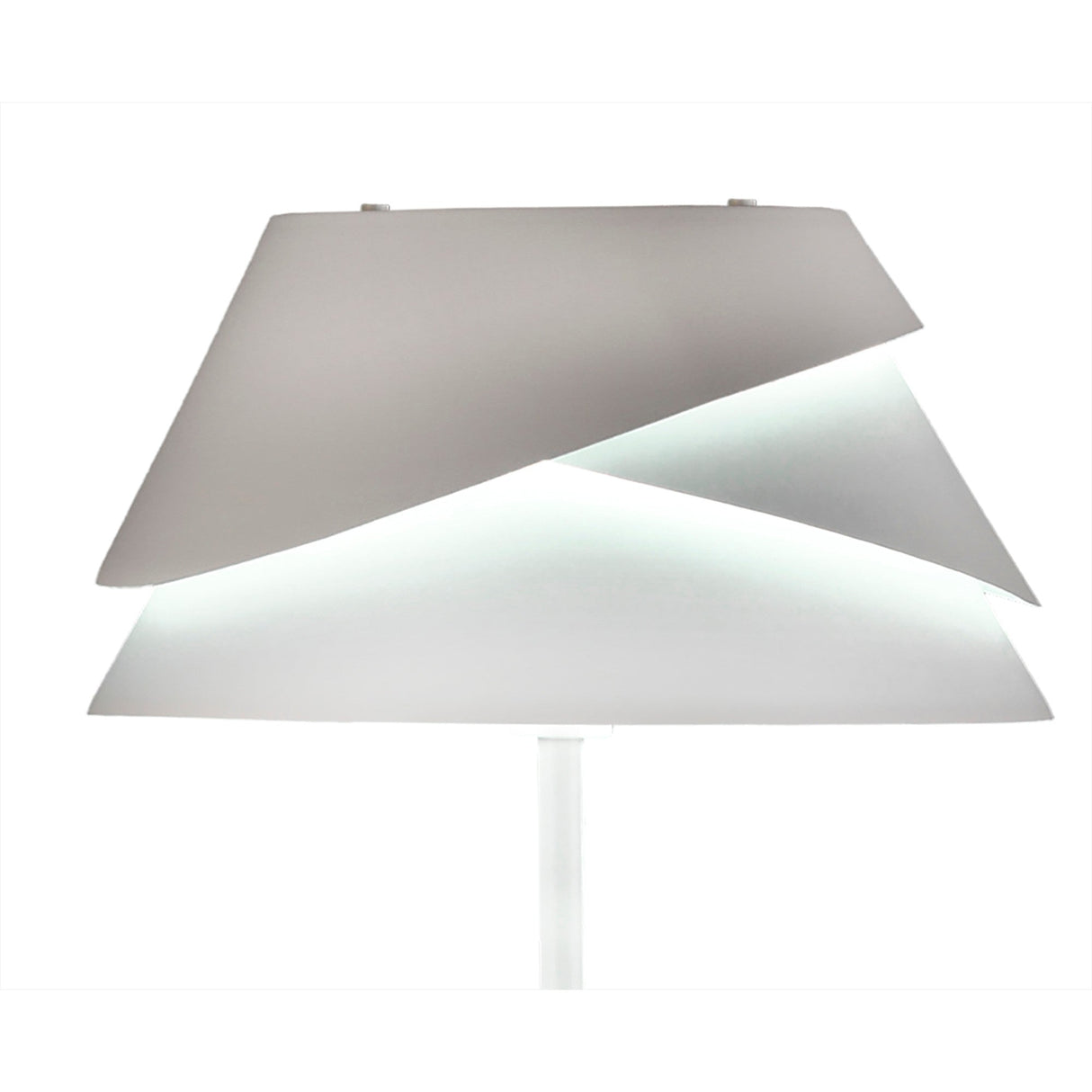 The Alboran 1 Light Floor Lamp in white & silver features a modern, asymmetrical lampshade with overlapping sections that let ambient light shine through—ideal for minimalist interiors. Shown against a plain white background.