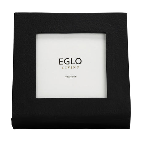 Albuera square photo frame in black with a textured aluminium finish, holding a 10 x 10cm EGLO Living print, shown on a plain white background.