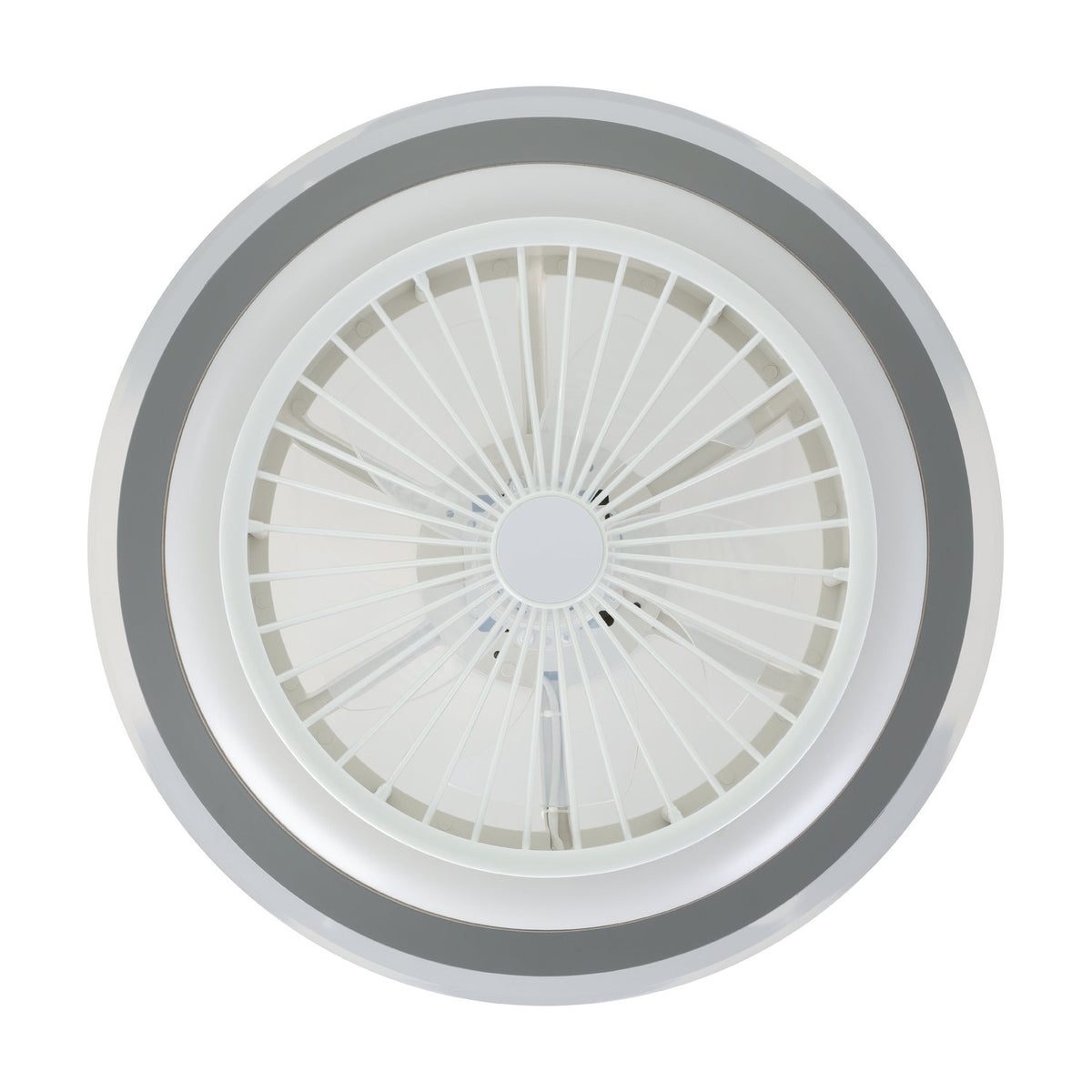 Albufeira Ceiling Fan with Light in white and grey, round flush-mount design with white grille covering blades and integrated LED light, shown from below on a plain white background.