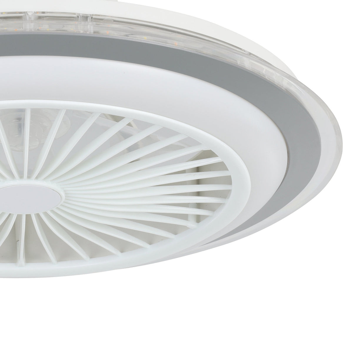 Angled close-up of the Albufeira ceiling fan with light, featuring a round white ABS body, grey ring band, integrated LED panel, and white radial blade grille on a plain white background.