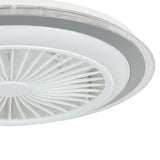 Angled close-up of the Albufeira ceiling fan with light, featuring a round white ABS body, grey ring band, integrated LED panel, and white radial blade grille on a plain white background.