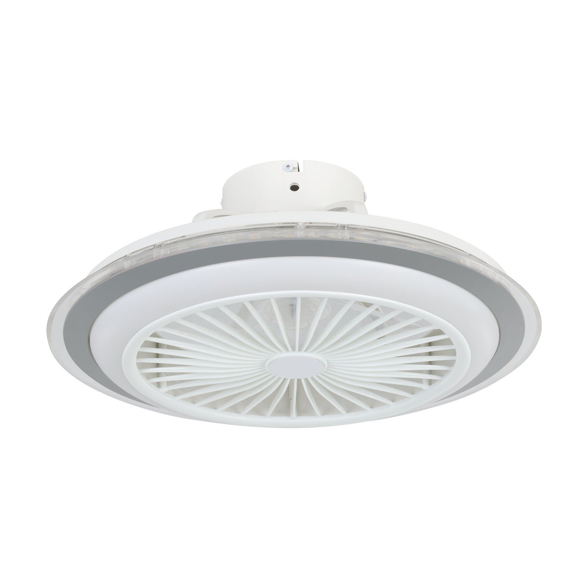 Albufeira ceiling fan with light, round low-profile design in white with a grey ring band, white centre grille over enclosed blades, shown on a plain white background.