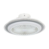 Albufeira ceiling fan with light, round low-profile design in white with a grey ring band, white centre grille over enclosed blades, shown on a plain white background.