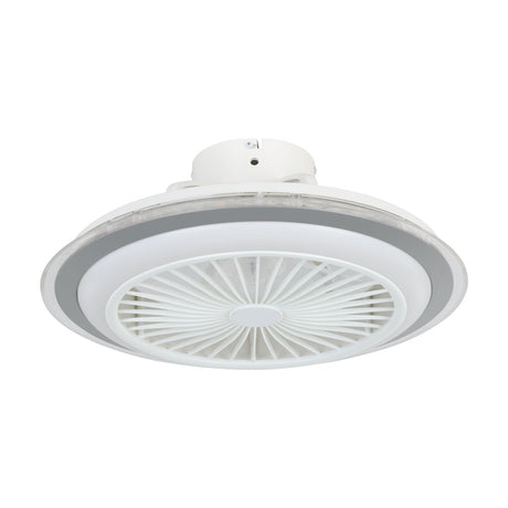 Albufeira ceiling fan with light, round low-profile design in white with a grey ring band, white centre grille over enclosed blades, shown on a plain white background.