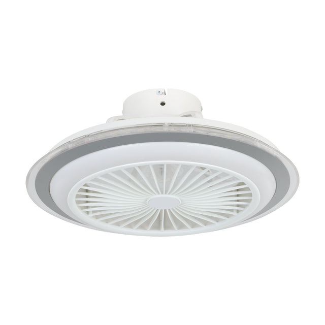 Albufeira ceiling fan with light, round low-profile design in white with a grey ring band, white centre grille over enclosed blades, shown on a plain white background.