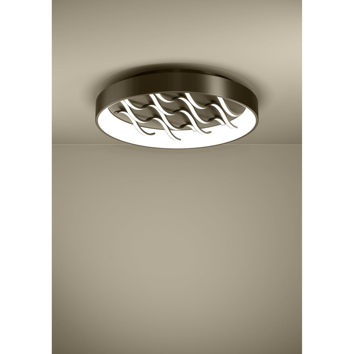 Alcadozo round LED flush ceiling light in bronze steel, 60cm wide, with wavy diagonal light strips on the back plate, mounted on a neutral ceiling.