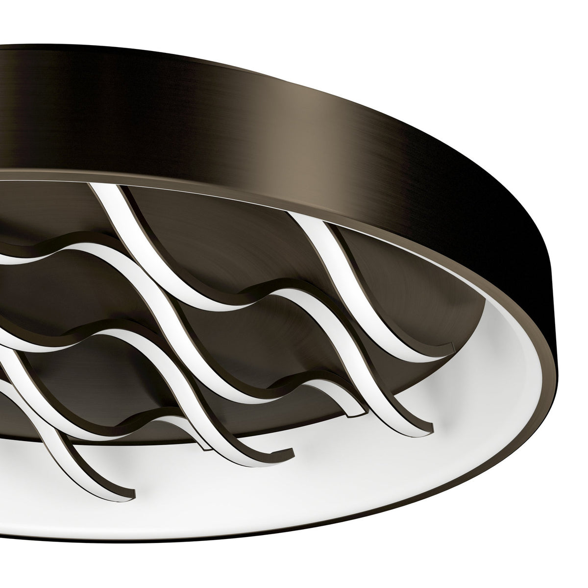 Close-up of the Alcadozo round LED flush ceiling light in bronze steel, showing wavy diagonal light strips set within a white inner ring against a plain white background.
