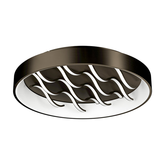 Alcadozo round LED flush ceiling light in bronze steel with white inner ring and diagonal wavy light strips, shown on a plain white background.