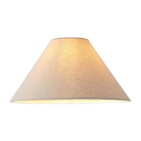Endon Aldmere 31cm tapered lamp shade in natural faux linen with a fixed gimbal fitting, shown lit against a plain white background.