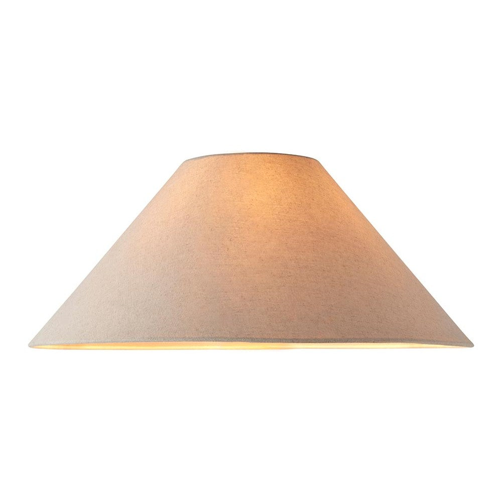 Endon Aldmere 52cm tapered lamp shade in natural faux linen with a wide sloped profile, shown illuminated from within against a plain white background.