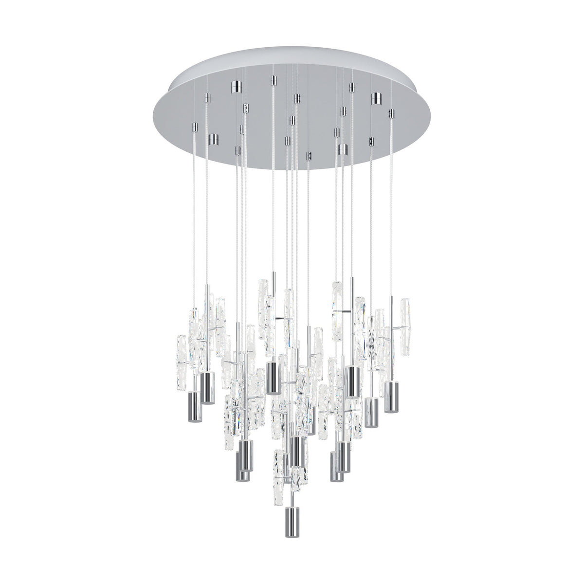 Alemdina 15 light pendant in chrome, with clear glass rods on individual suspensions cascading in staggered heights from a round chrome ceiling canopy, shown on a plain white background.